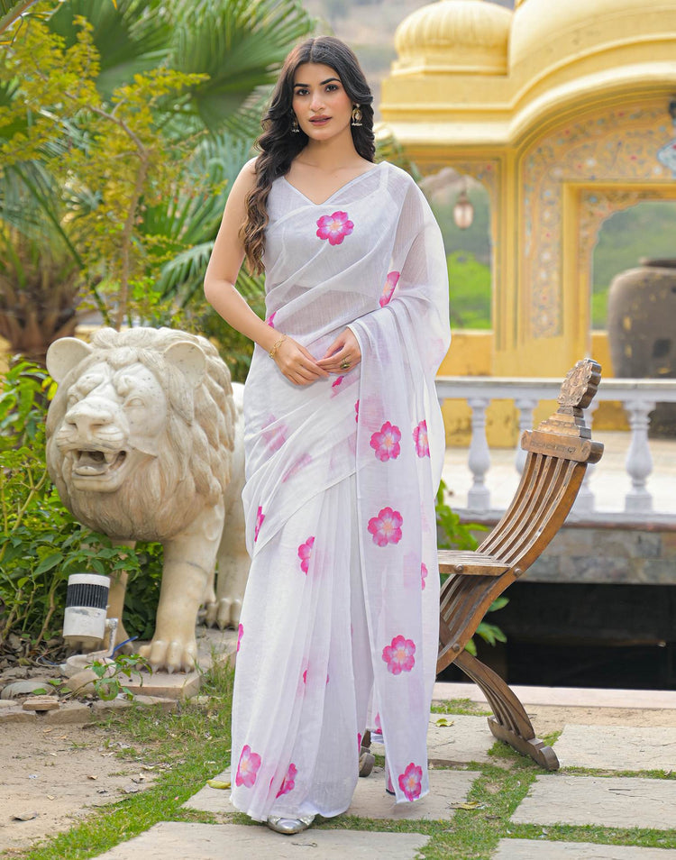White Linen Floral Printed Saree
