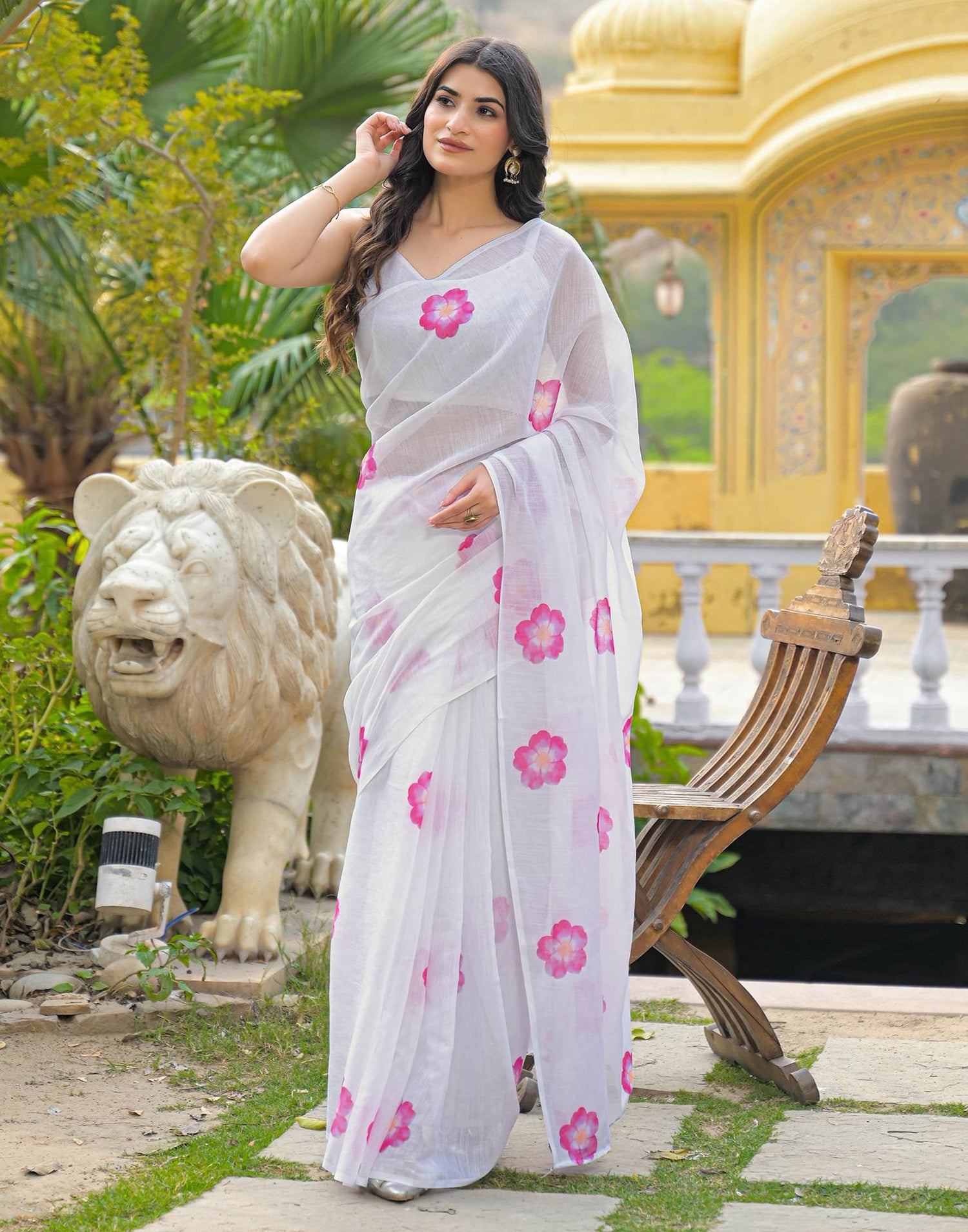 White Linen Floral Printed Saree