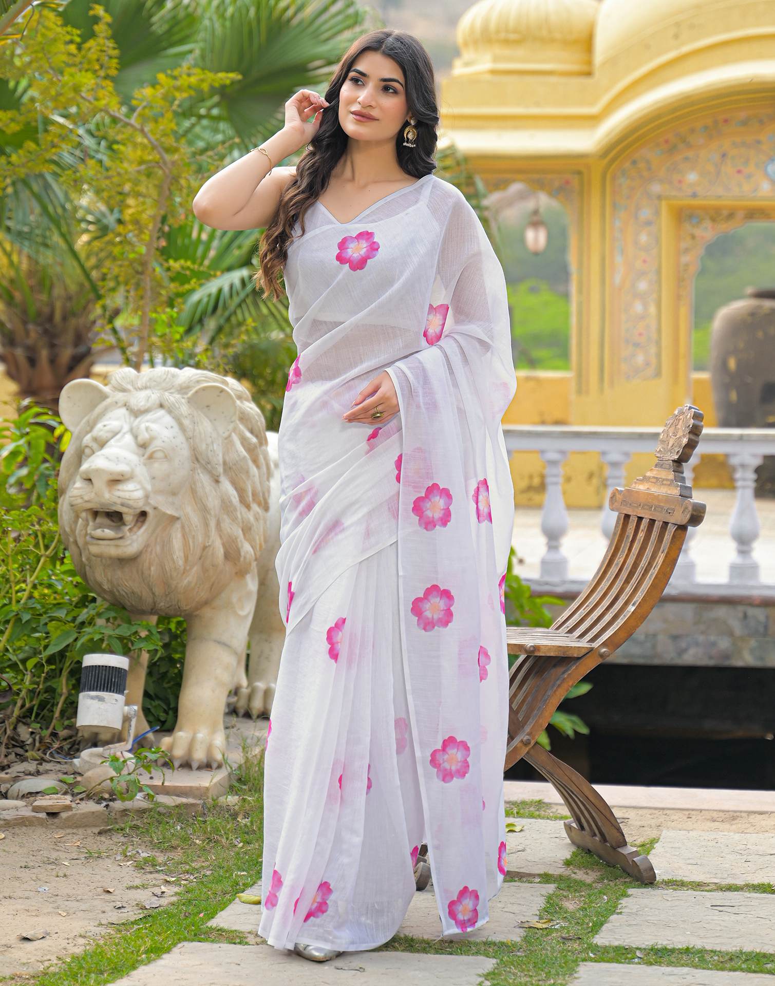 White Linen Floral Printed Saree
