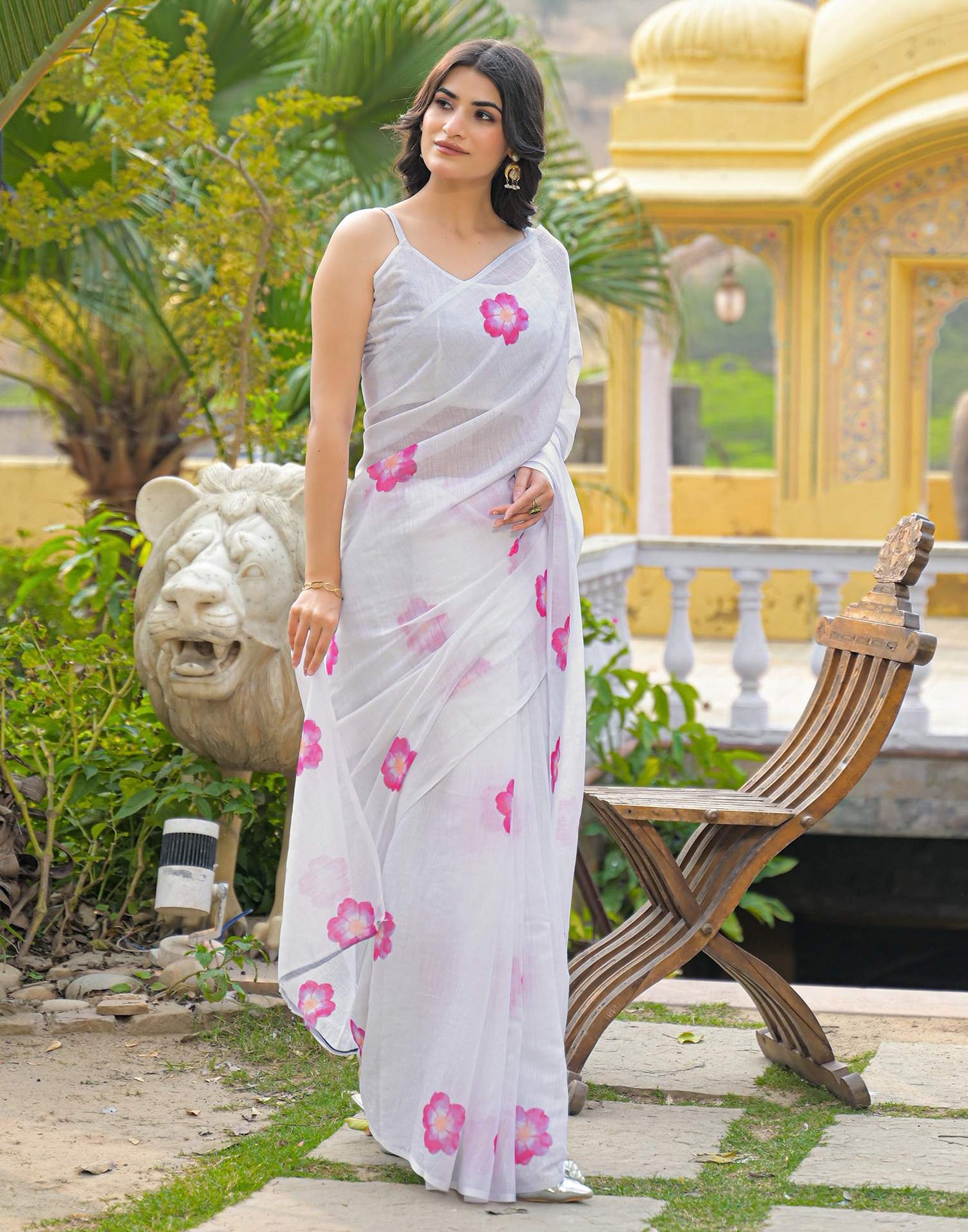 White Linen Floral Printed Saree
