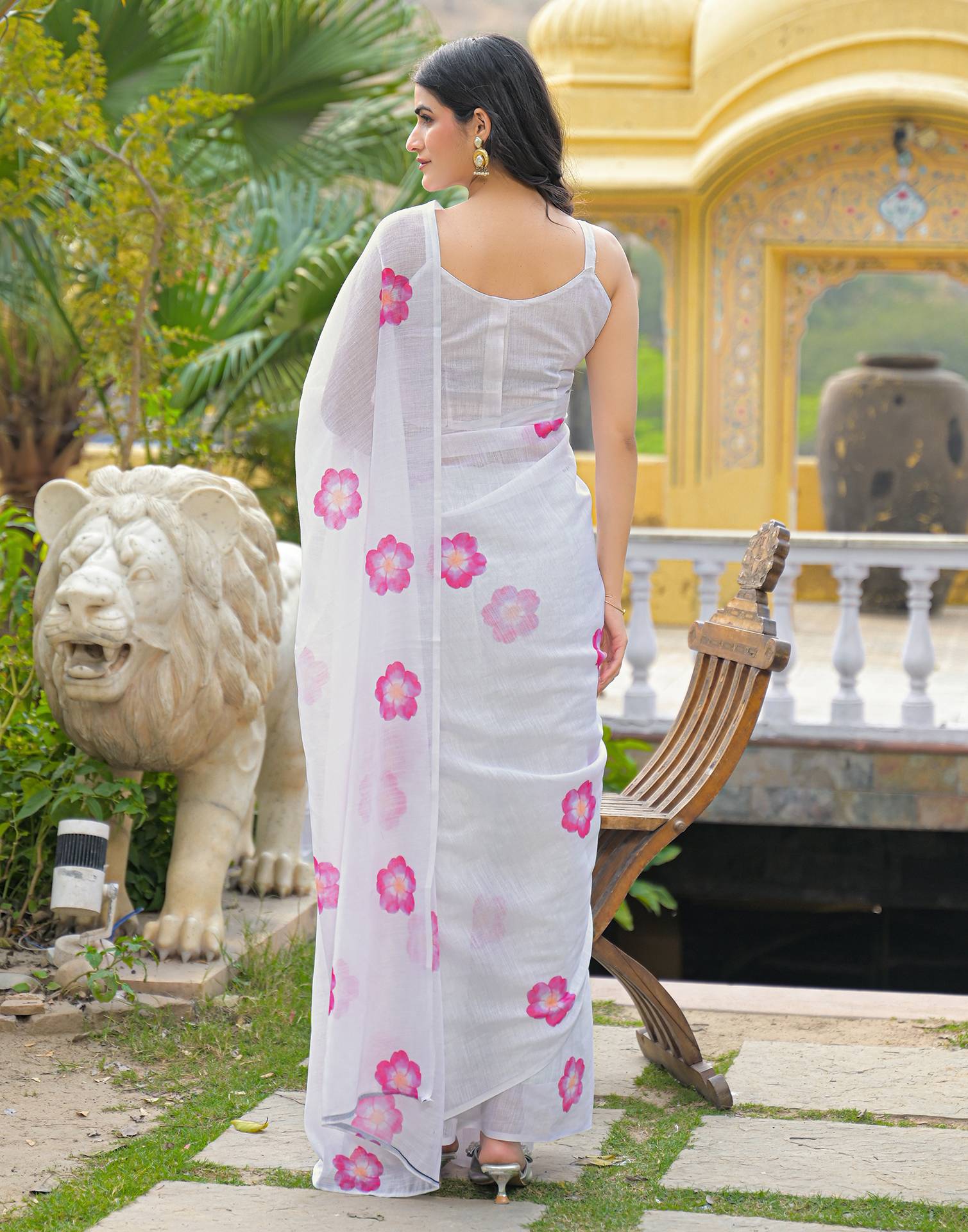 White Linen Floral Printed Saree