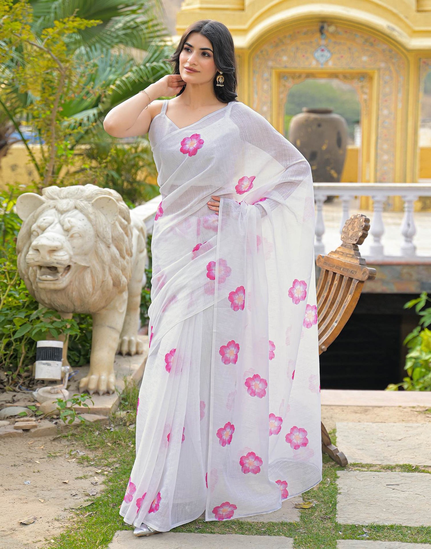 White Linen Floral Printed Saree