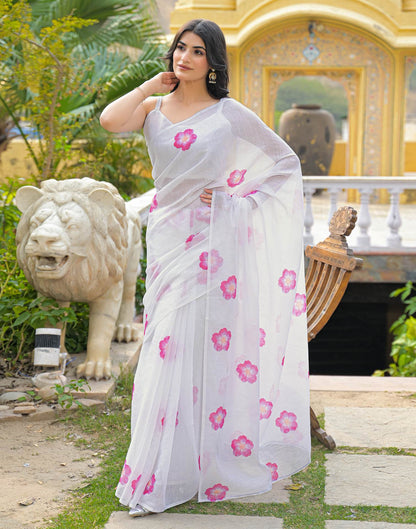 White Linen Floral Printed Saree