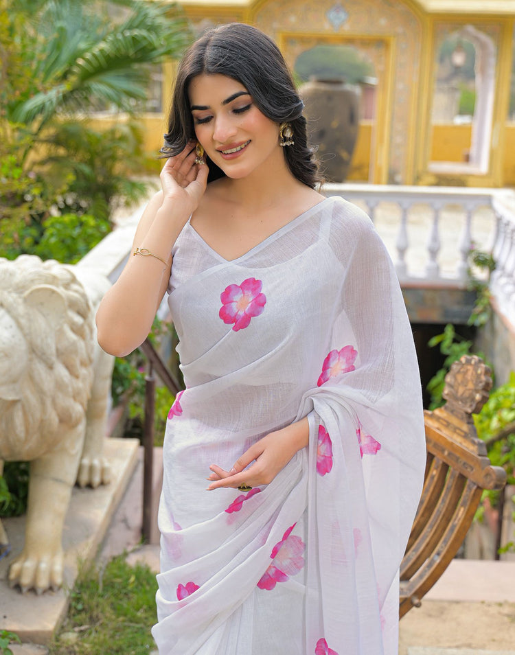 White Linen Floral Printed Saree