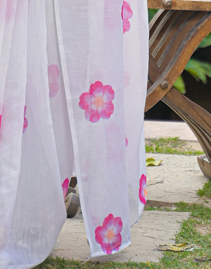 White Linen Floral Printed Saree