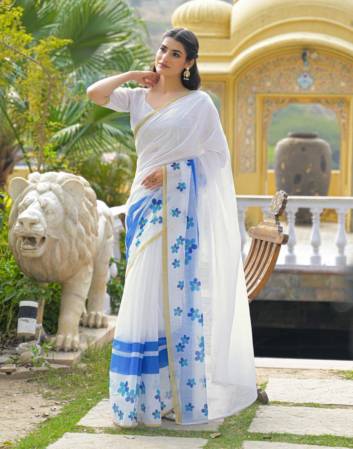 White Linen Floral Printed Saree