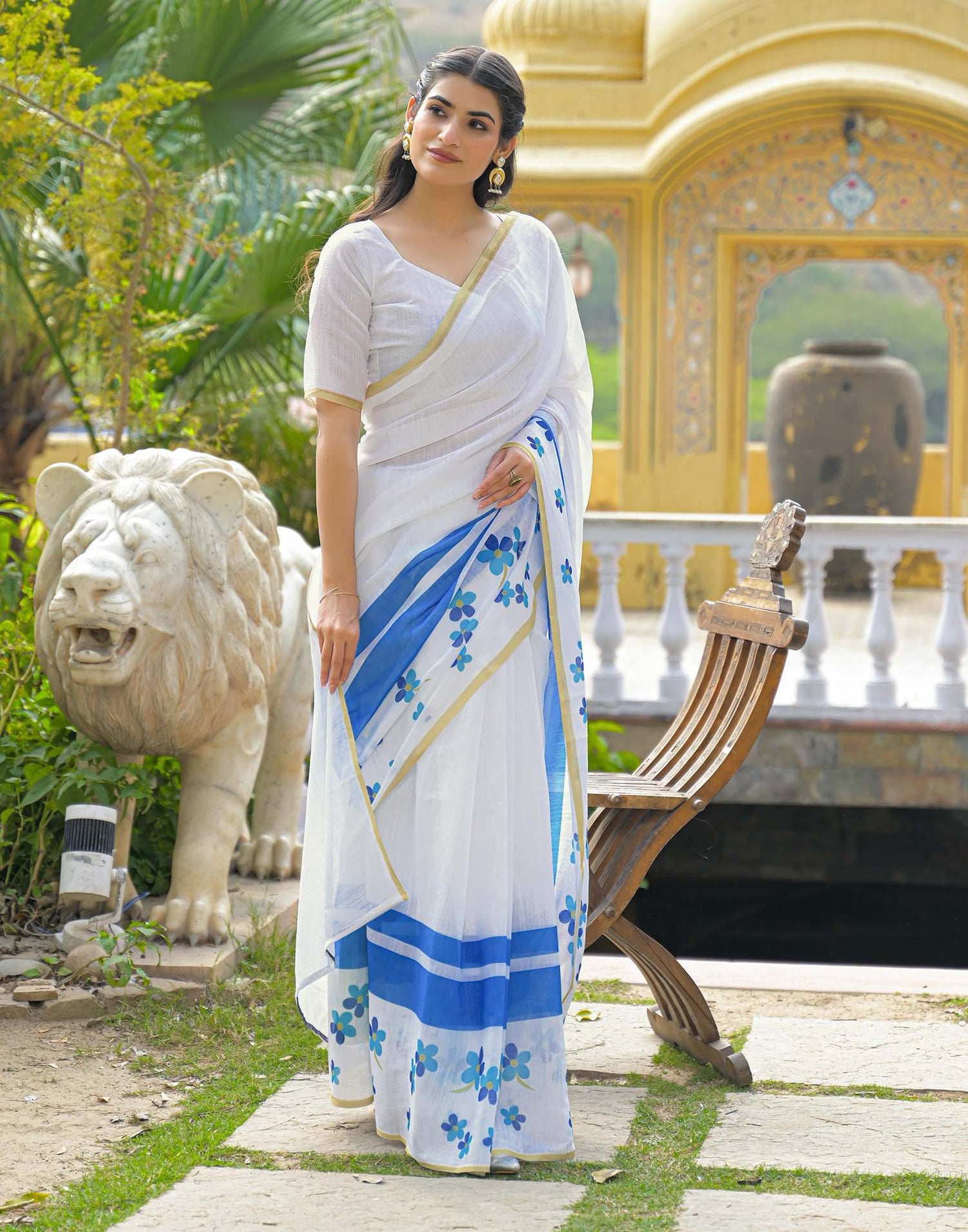 White Linen Floral Printed Saree