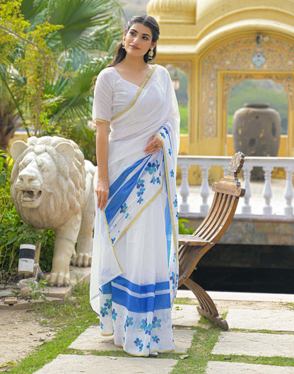 White Linen Floral Printed Saree