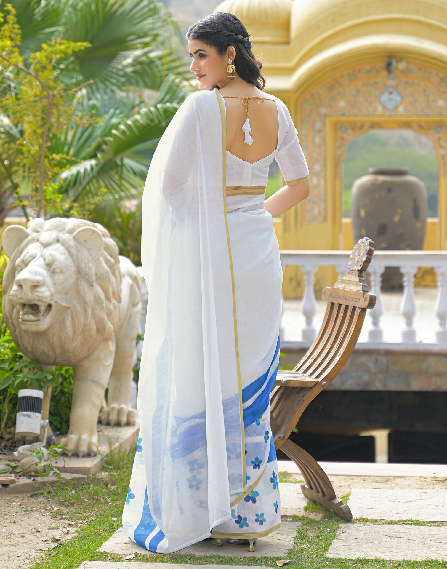 White Linen Floral Printed Saree