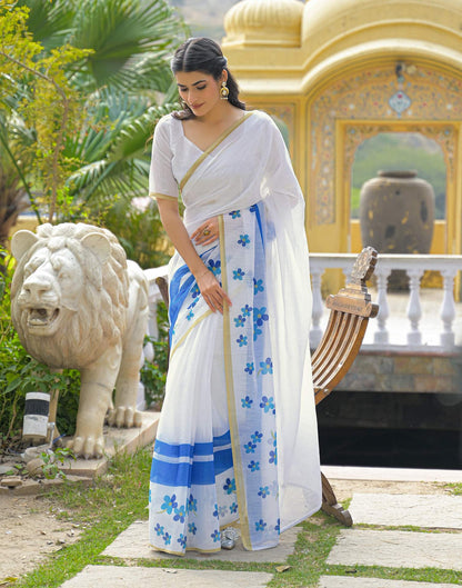 White Linen Floral Printed Saree