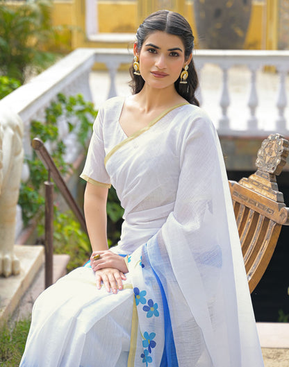 White Linen Floral Printed Saree