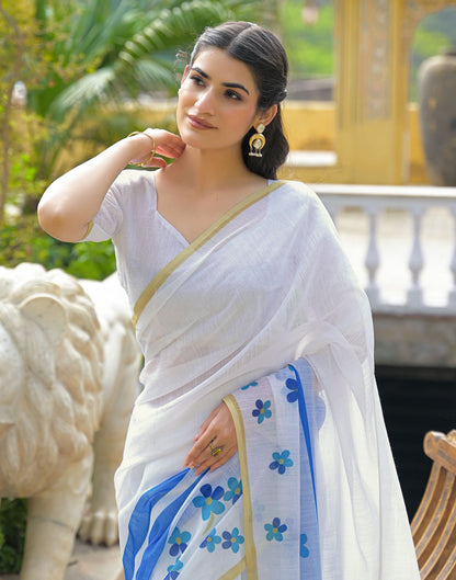 White Linen Floral Printed Saree