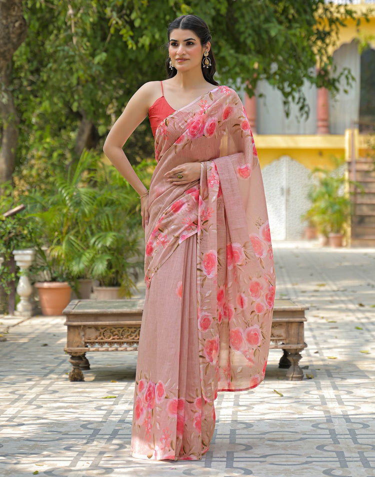 Dusty Peach Linen Floral Printed Saree