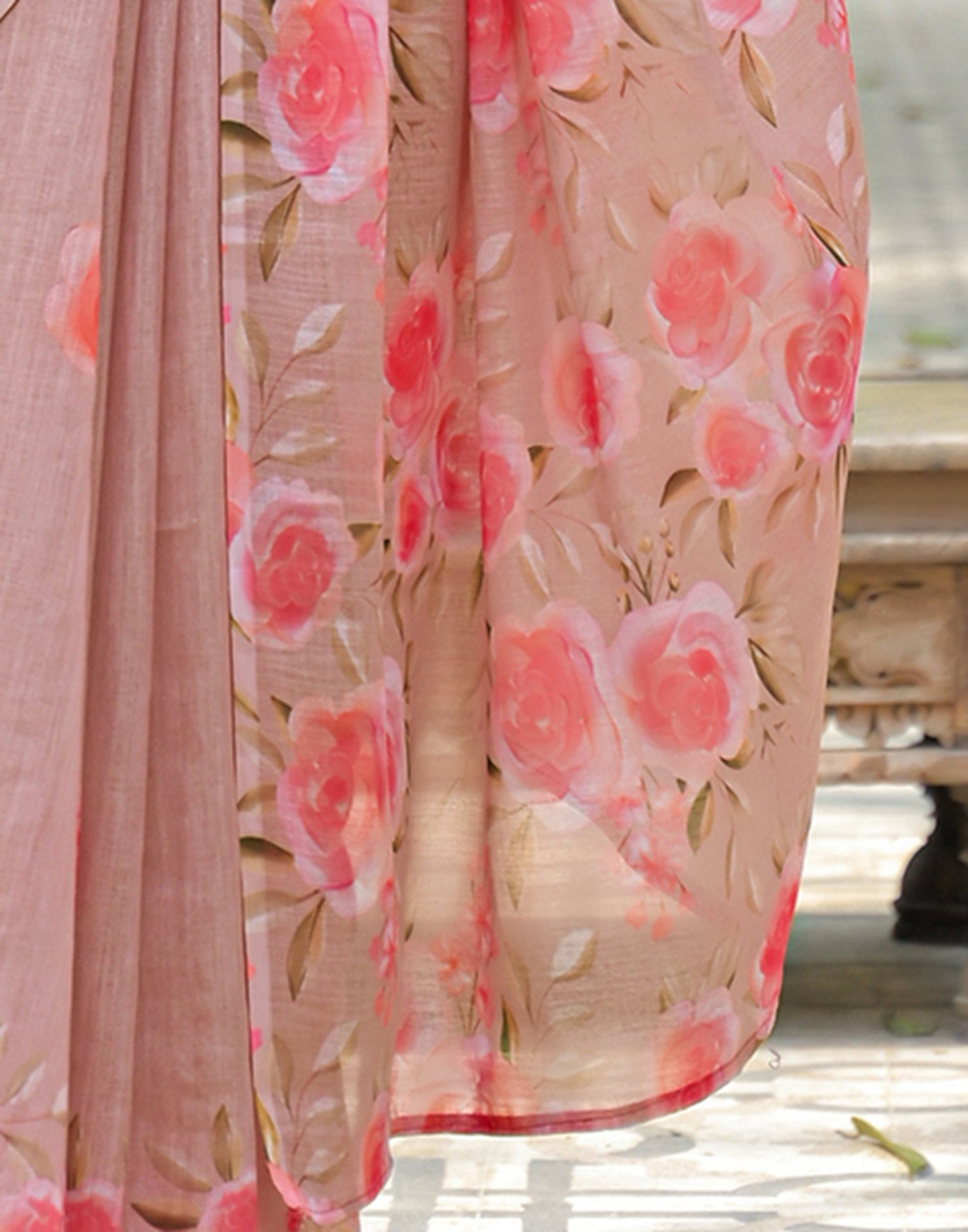 Dusty Peach Linen Floral Printed Saree