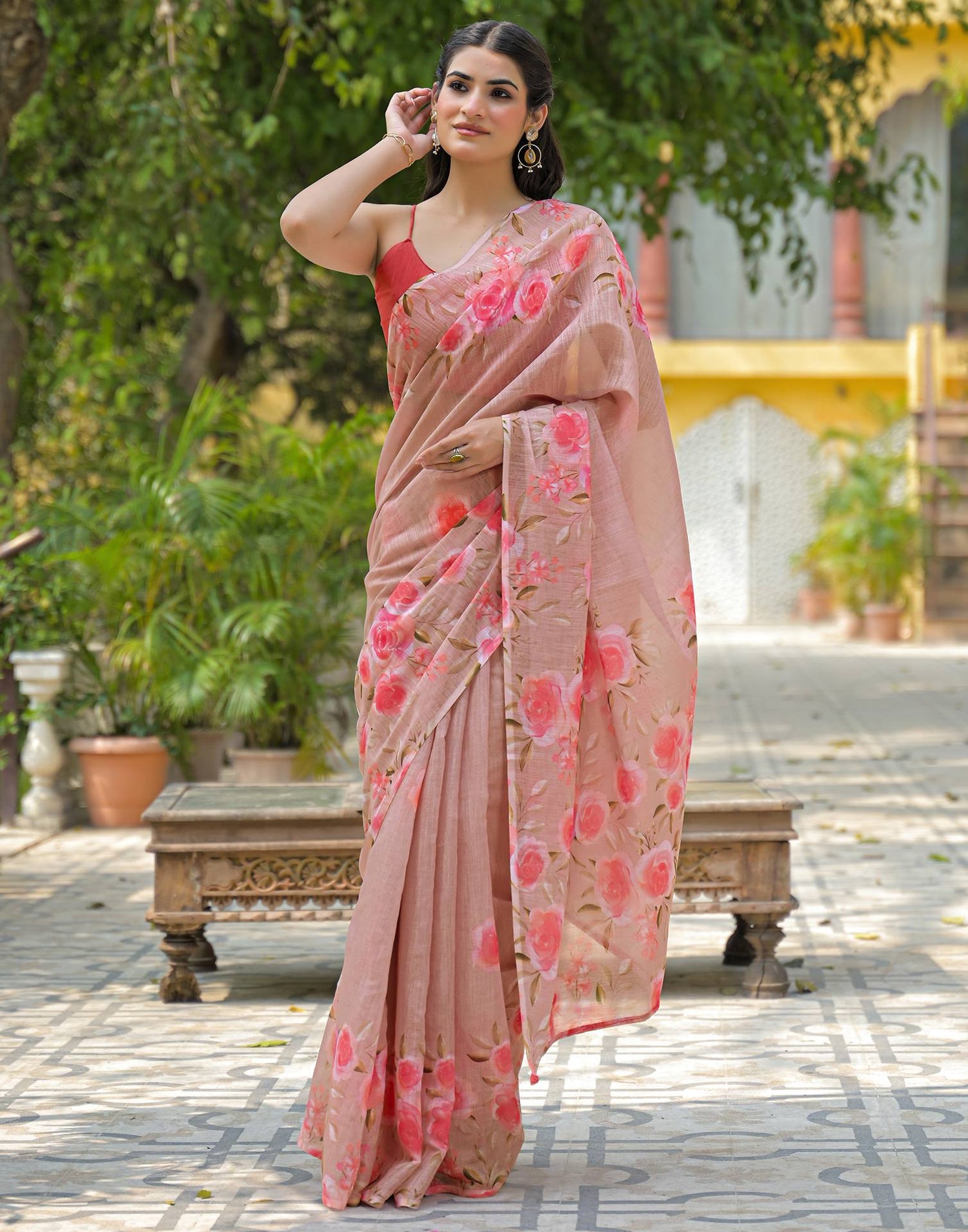 Dusty Peach Linen Floral Printed Saree