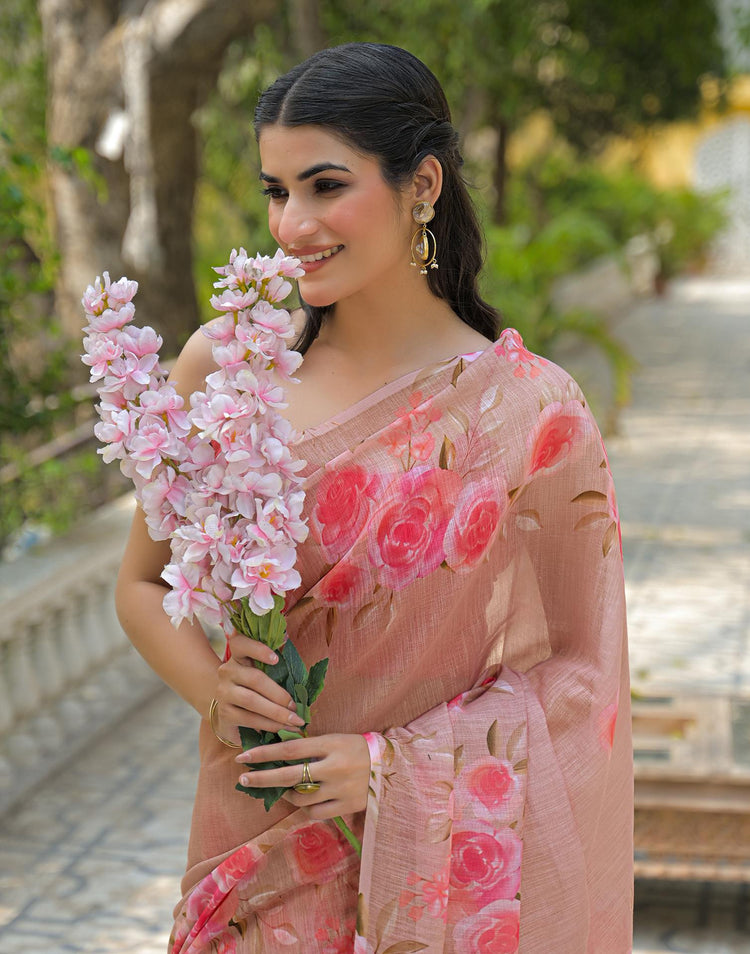 Dusty Peach Linen Floral Printed Saree