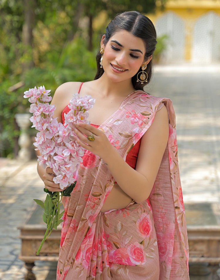Dusty Peach Linen Floral Printed Saree