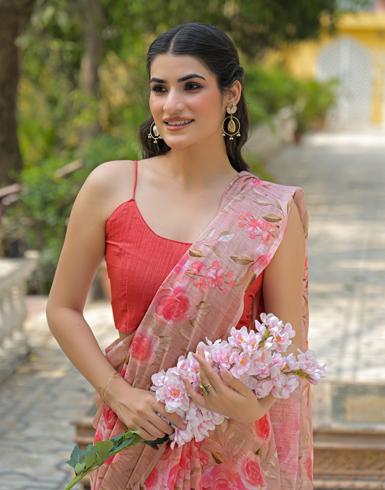 Dusty Peach Linen Floral Printed Saree