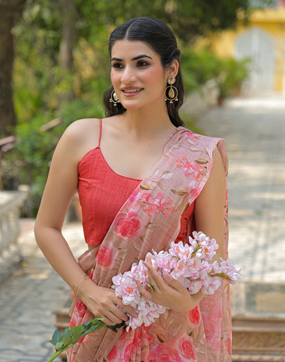 Dusty Peach Linen Floral Printed Saree