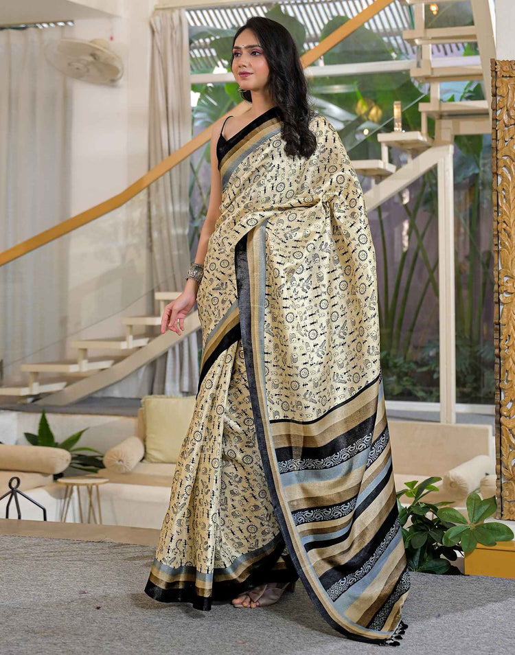 Beige Khadi Printed Saree 