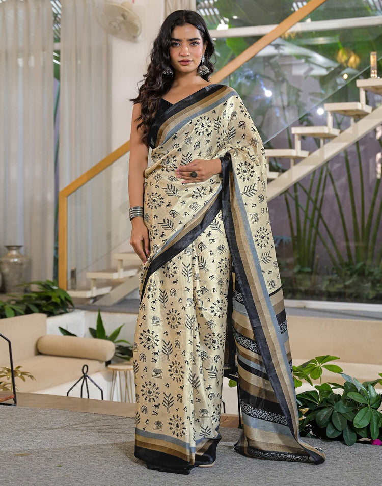 Beige Khadi Printed Saree 