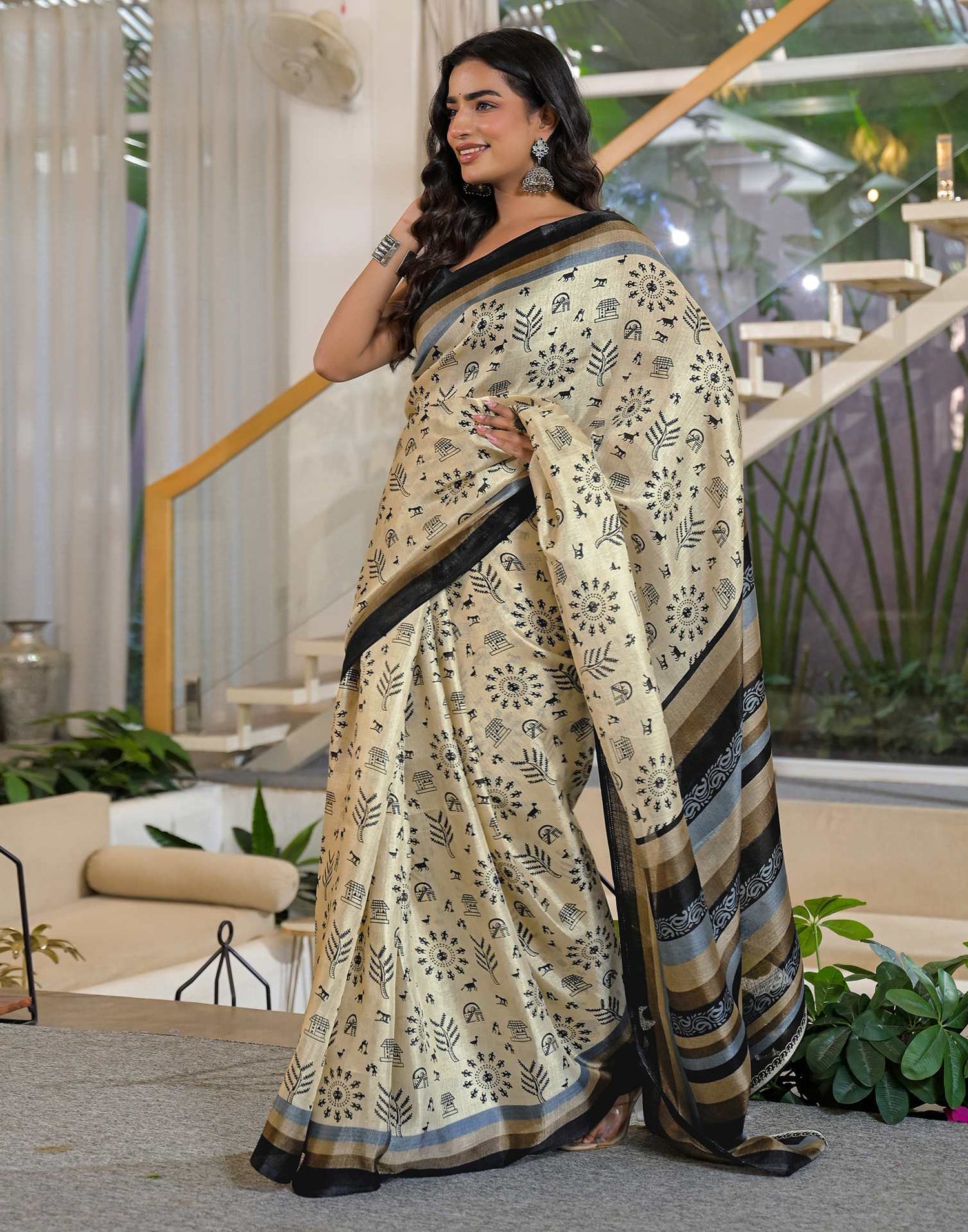 Beige Khadi Printed Saree 