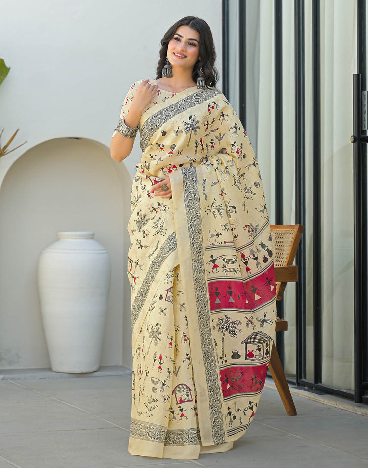 Beige Khadi Printed Saree 