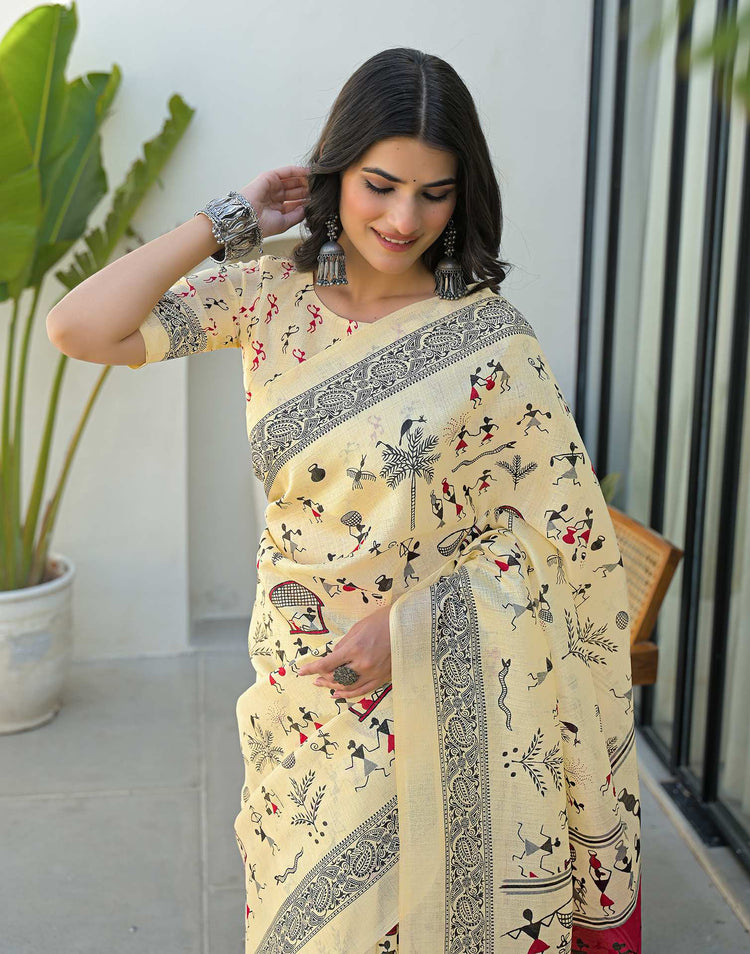 Beige Khadi Printed Saree 