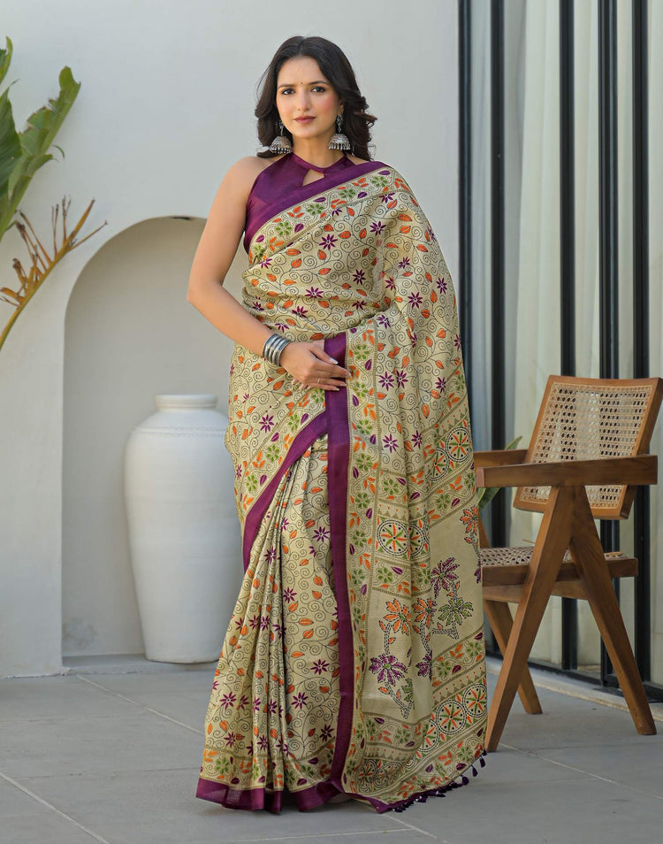 Dark Beige Khadi Printed Saree 