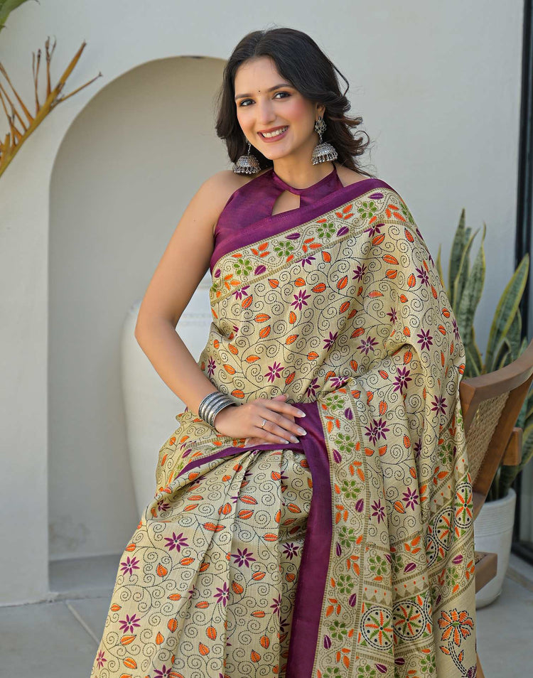 Dark Beige Khadi Printed Saree 