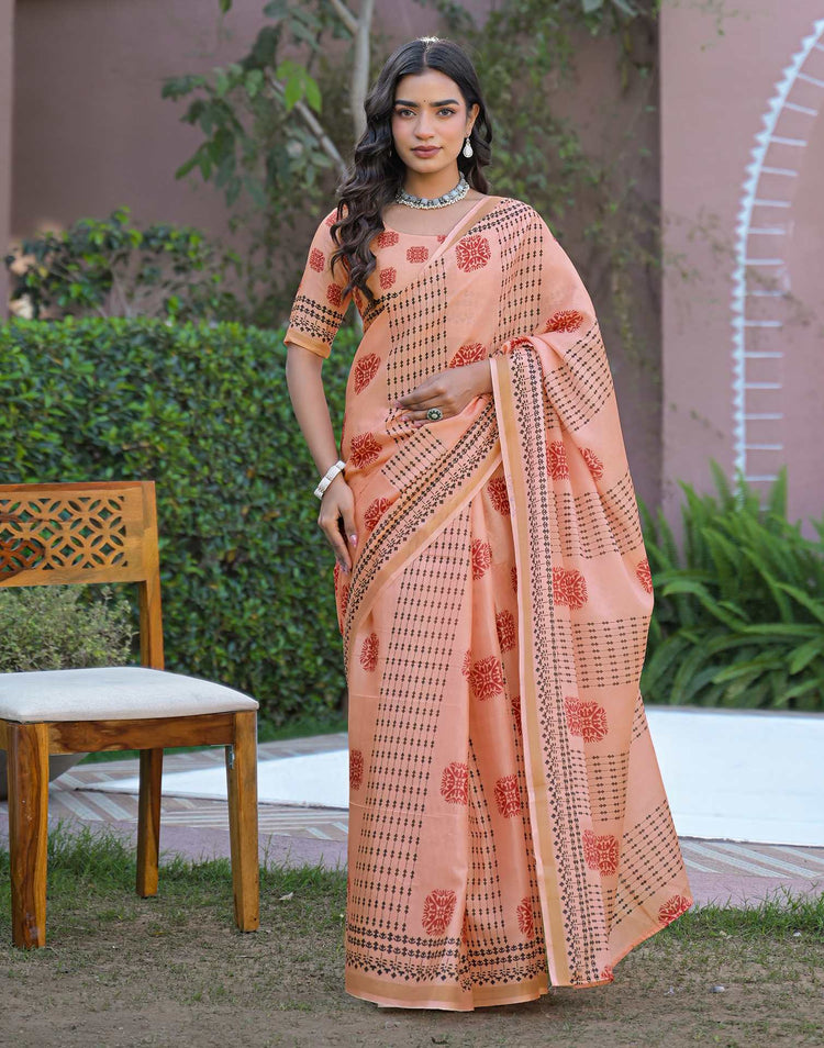 Peach Silk Printed Saree