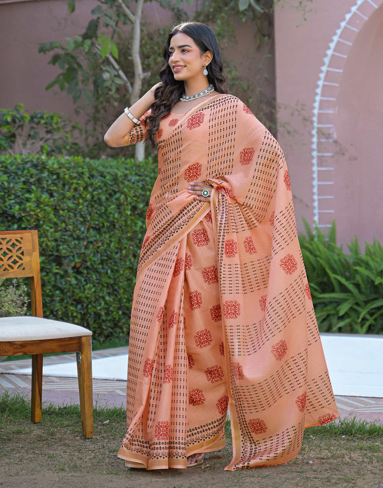 Peach Silk Printed Saree