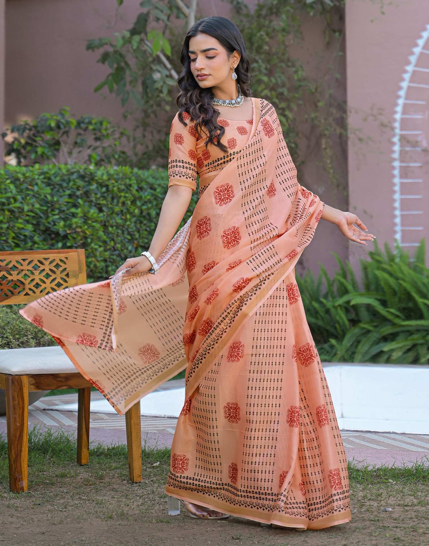 Peach Silk Printed Saree
