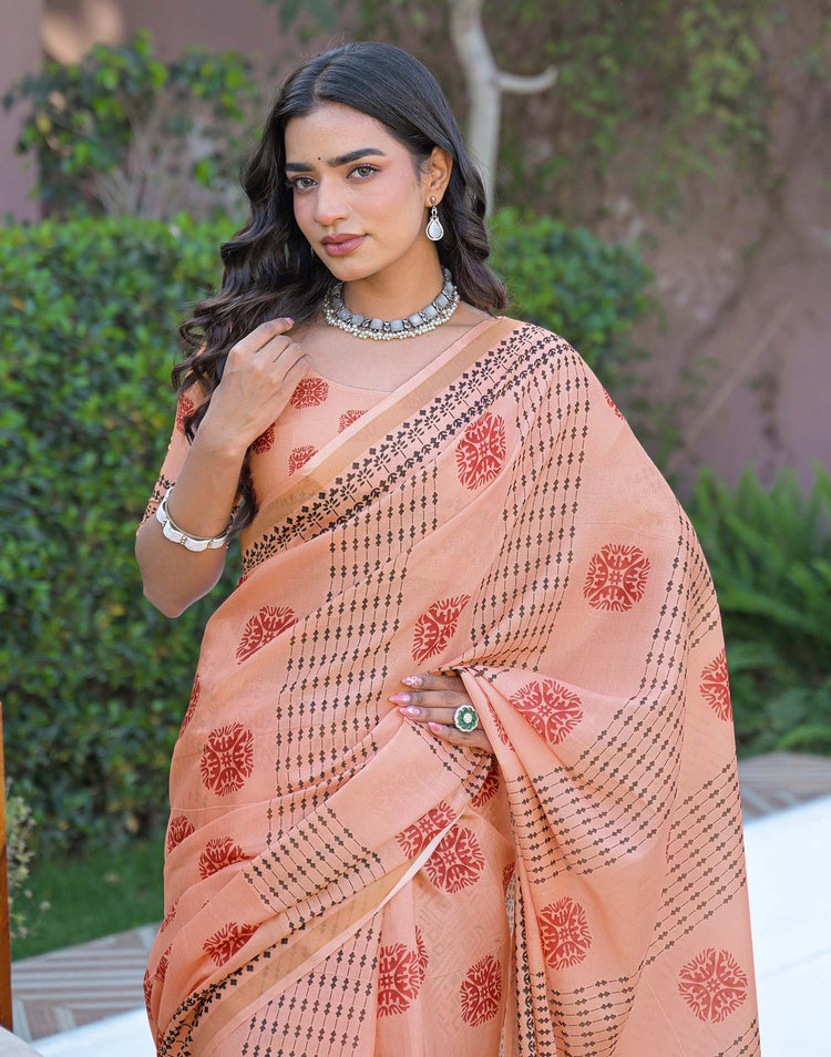 Peach Silk Printed Saree