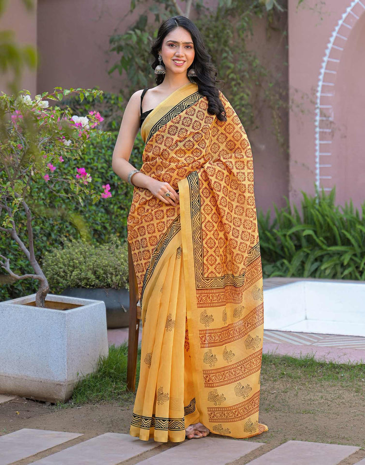 Goldenen Yellow Chanderi Printed Saree