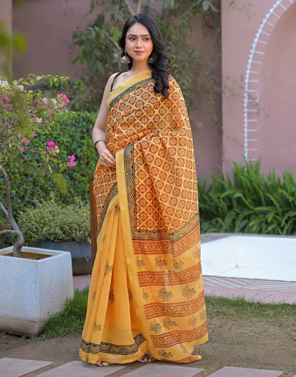 Goldenen Yellow Chanderi Printed Saree