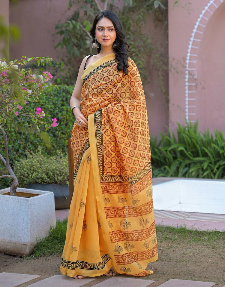 Goldenen Yellow Chanderi Printed Saree