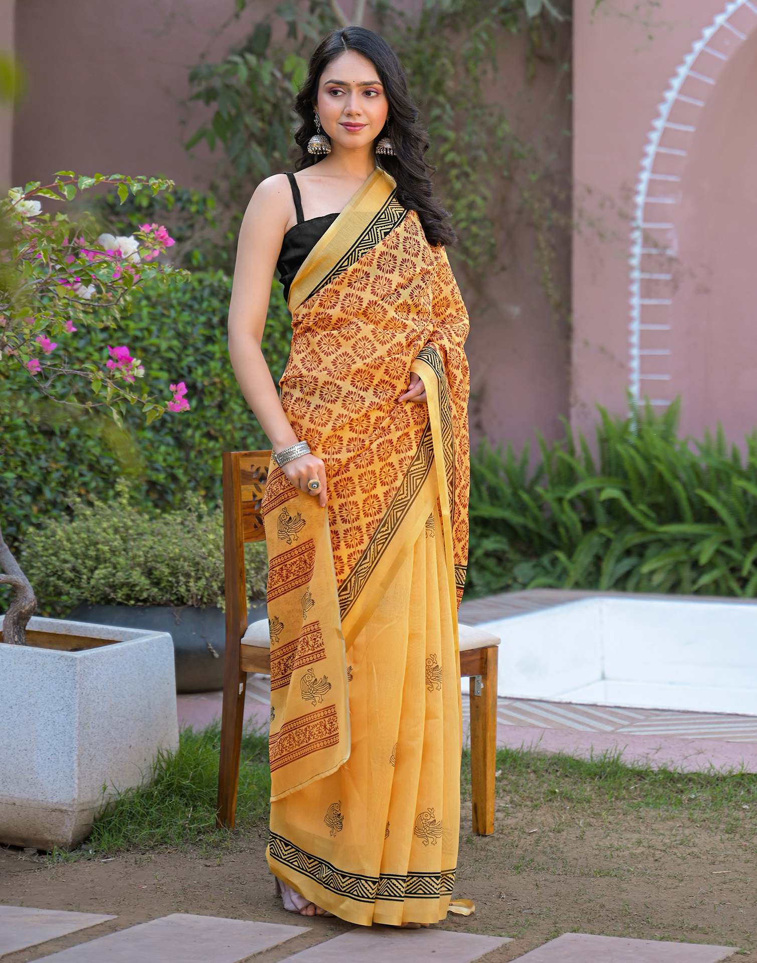 Goldenen Yellow Chanderi Printed Saree