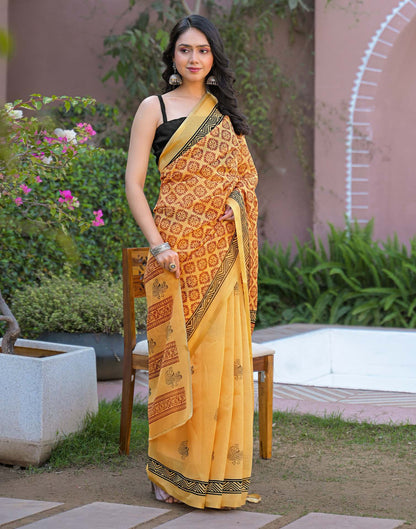 Goldenen Yellow Chanderi Printed Saree