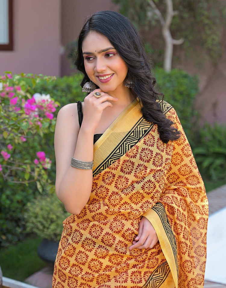 Goldenen Yellow Chanderi Printed Saree