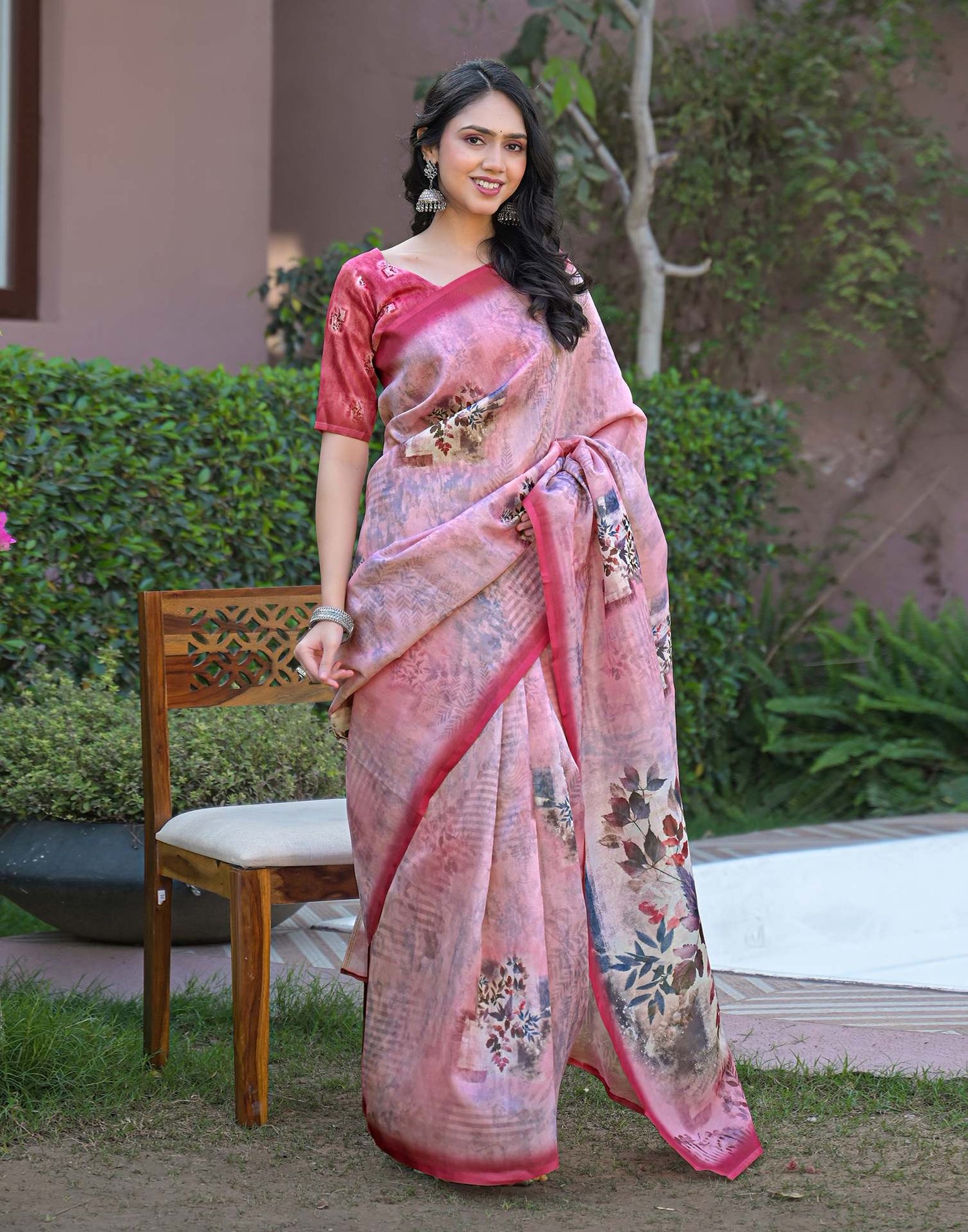 Light Pink Shimmer Silk Printed Saree