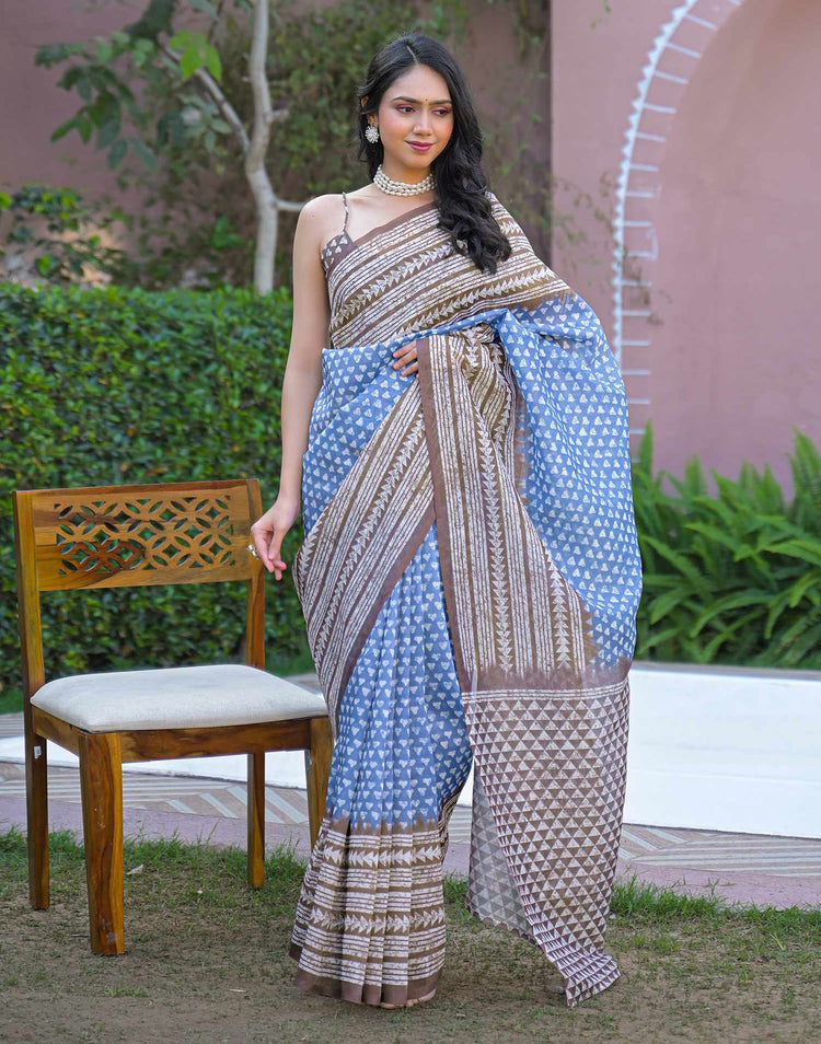 Light Blue Shimmer Silk Printed Saree