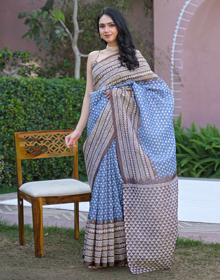 Light Blue Shimmer Silk Printed Saree