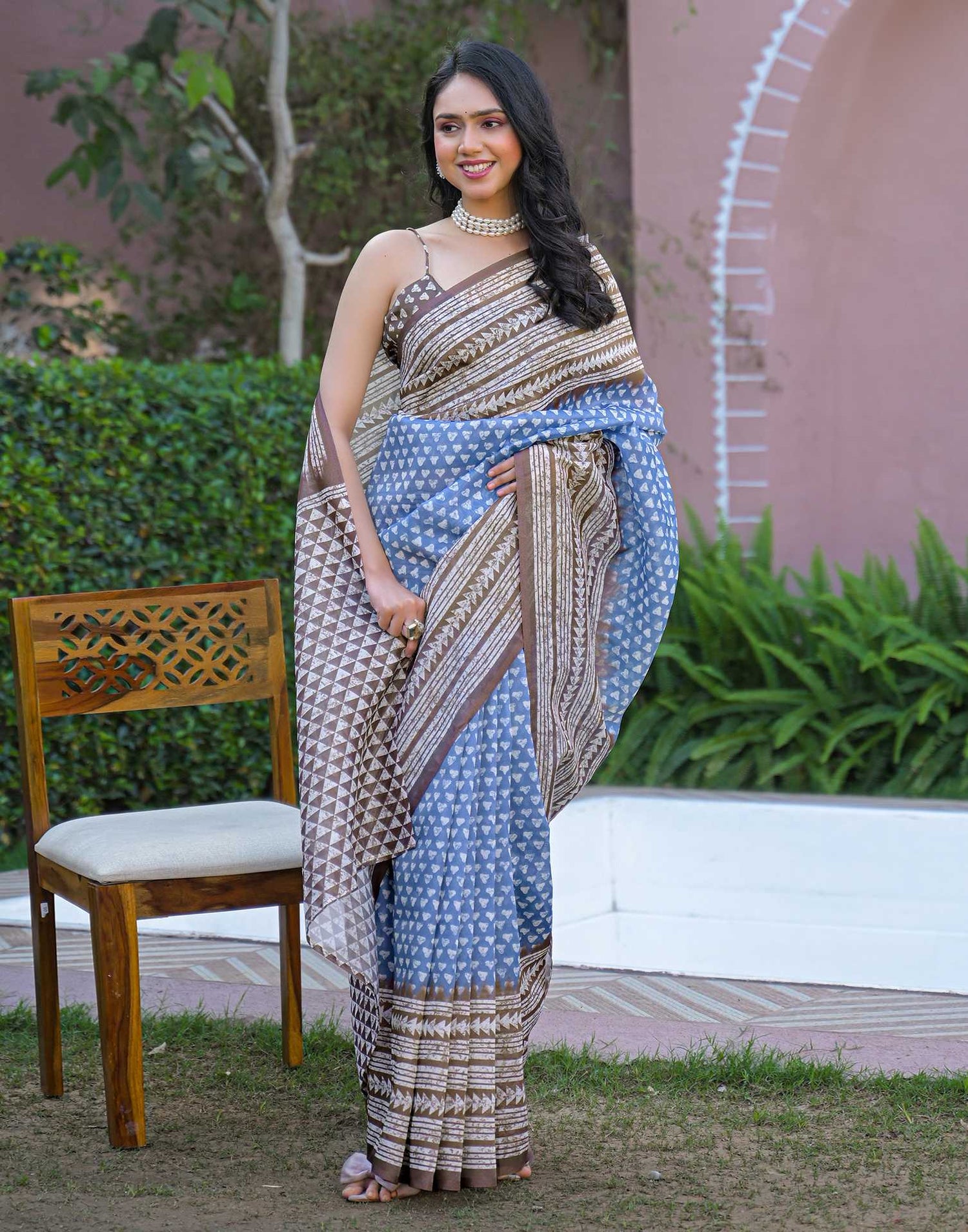 Light Blue Shimmer Silk Printed Saree