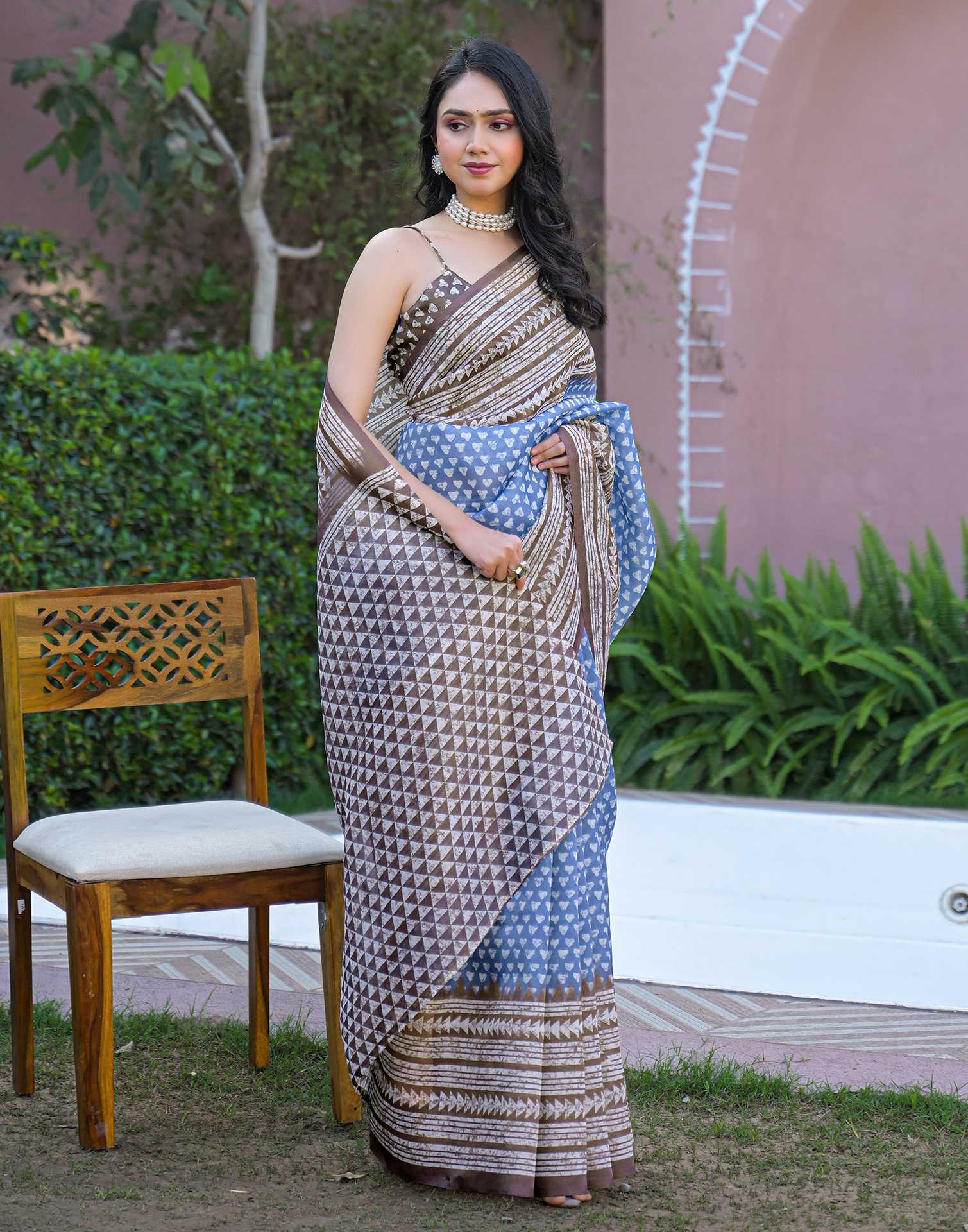 Light Blue Shimmer Silk Printed Saree