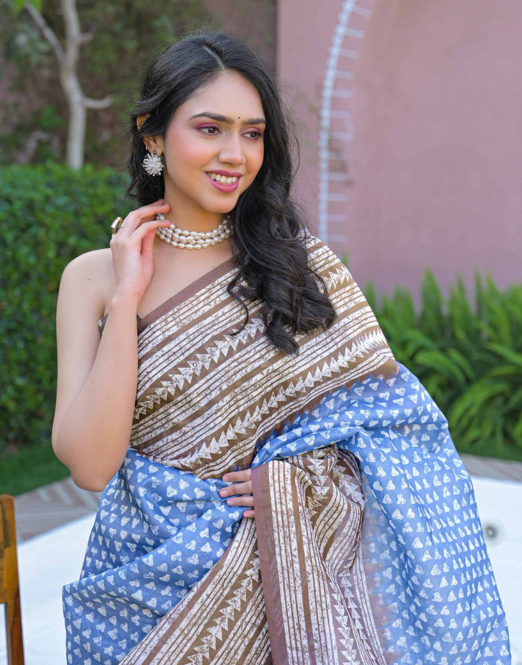Light Blue Shimmer Silk Printed Saree