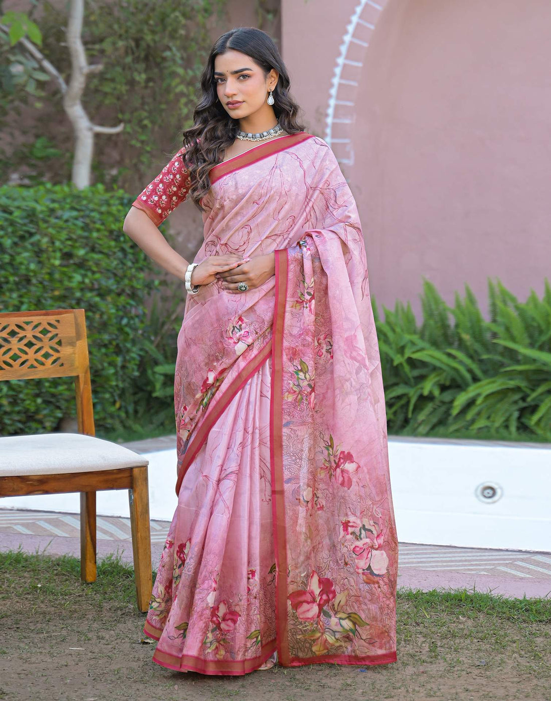 Light Pink Silk Printed Saree