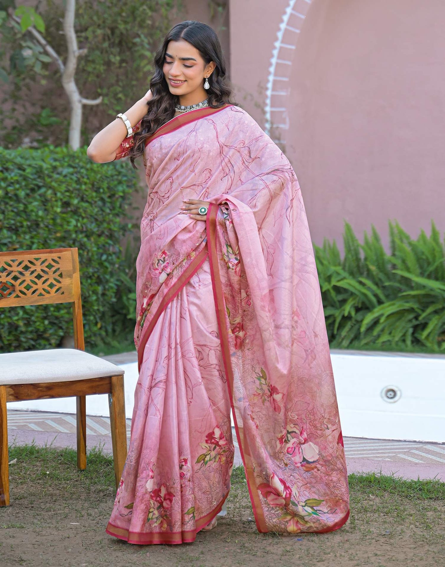 Light Pink Silk Printed Saree