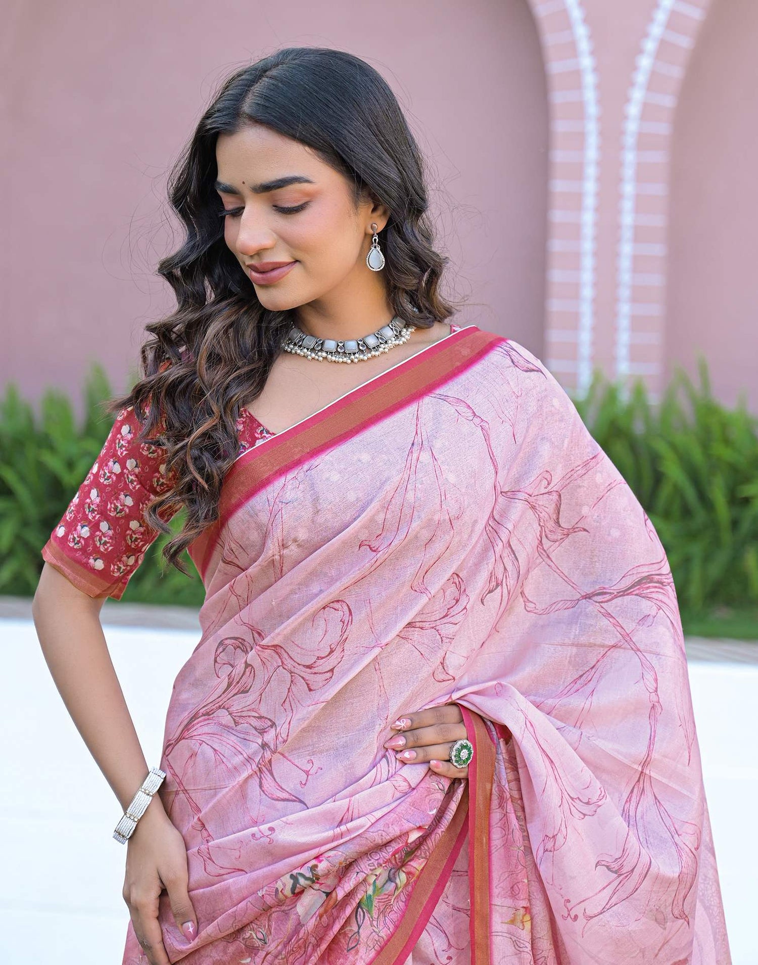 Light Pink Silk Printed Saree