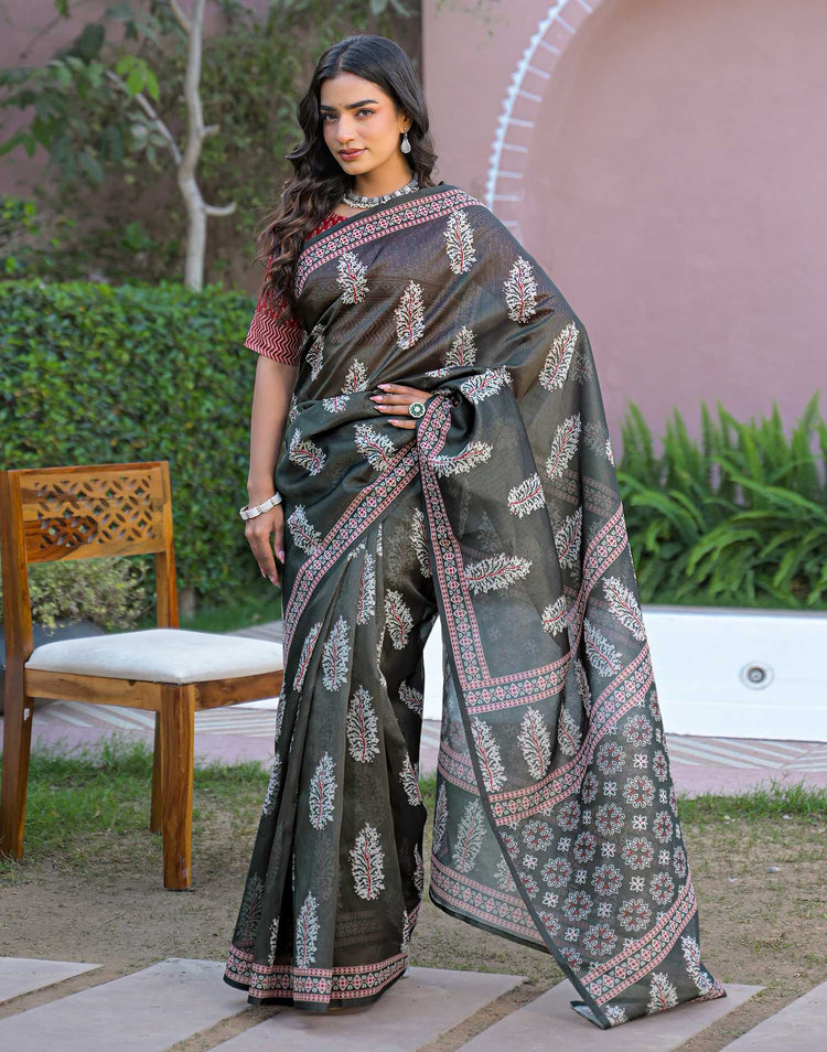 Black Shimmer Silk Printed Saree